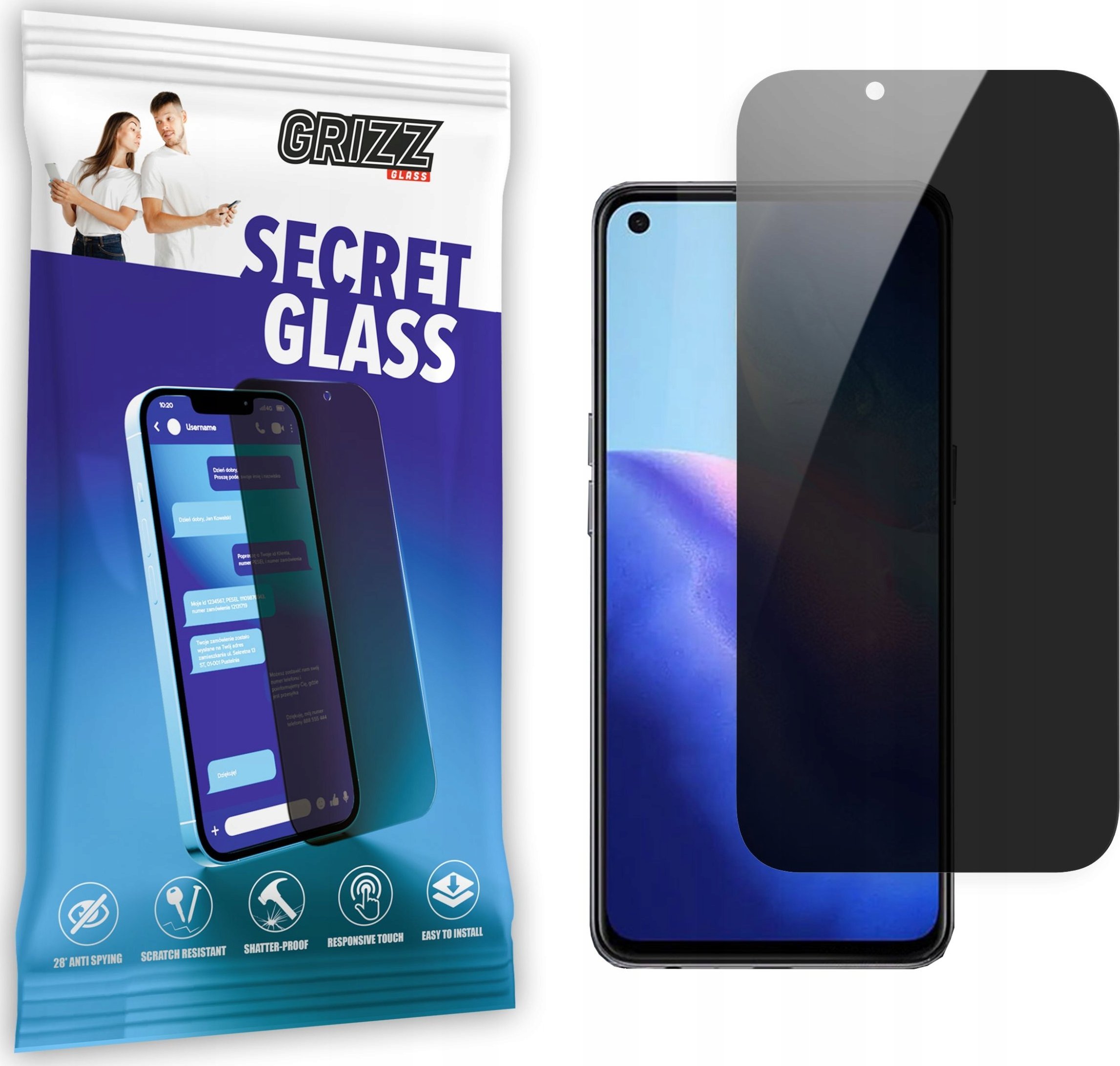 Xham mbrojtës privatësie Grizz SecretGlass për Oppo Reno 5 4G, plotësisht ngjitës, transparent