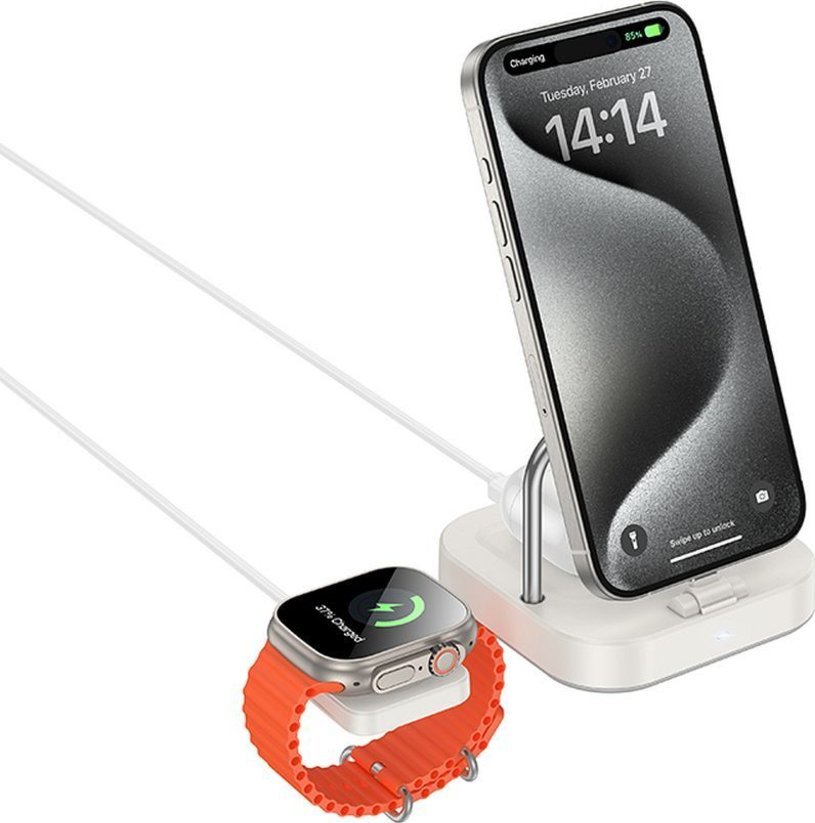 Karikues induktiv Hoco CQ16A 3 në 1, 5W, për Apple Watch dhe smartphone, i bardhë
