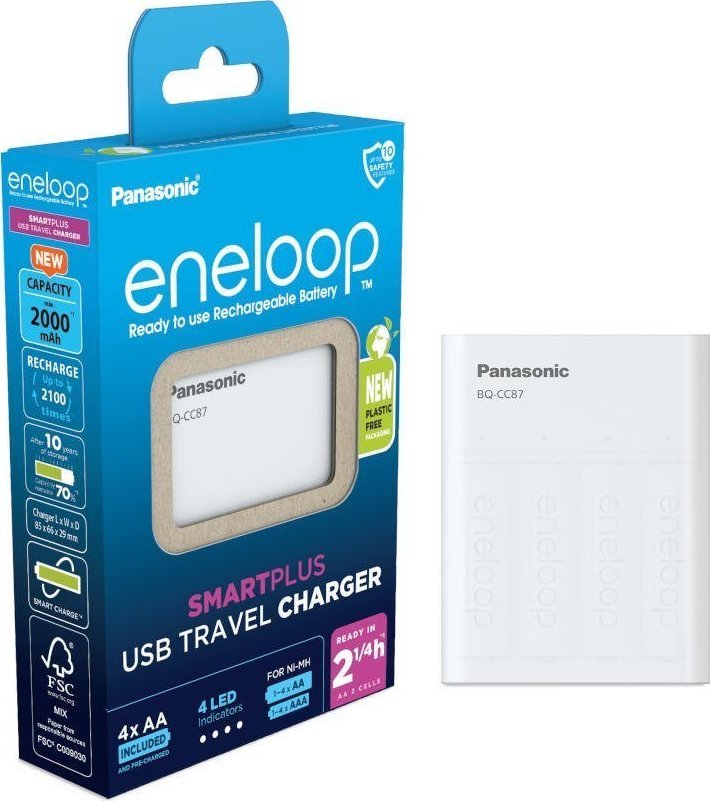Karikues baterish Panasonic Eneloop Smart Plus BQ-CC87, USB, 4x AA 1900mAh, i bardhë