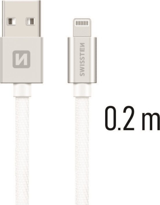 Kabllo Lightning Swissten Textile, 0.2m, USB 2.0, argjendtë