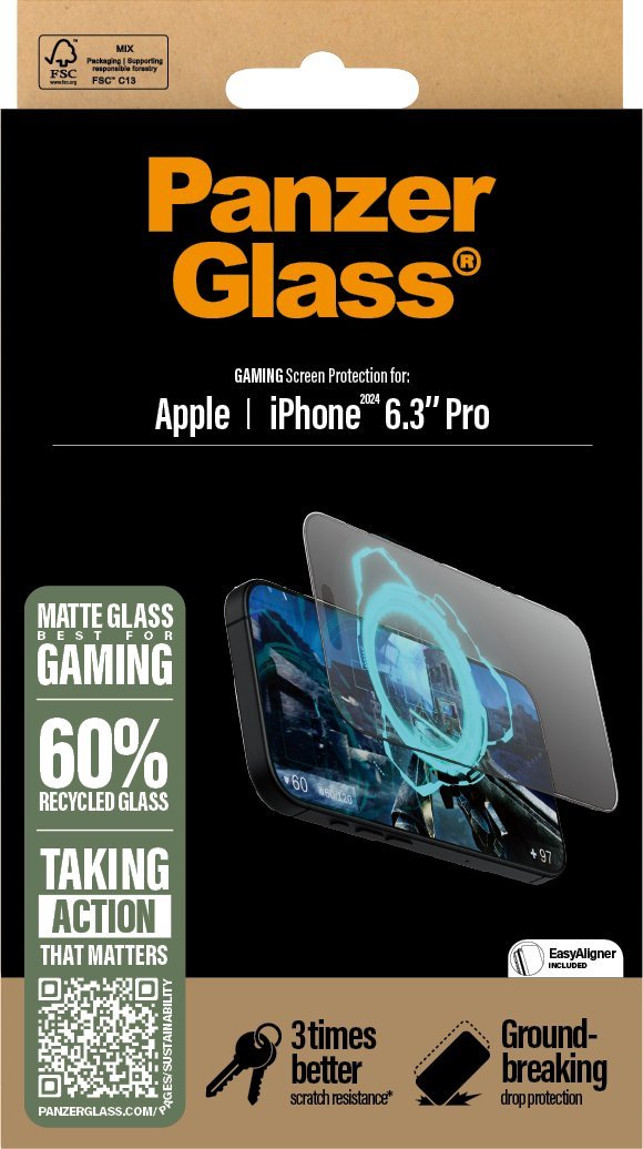 Mbrojtës ekrani PanzerGlass Gaming për iPhone 16 Pro, Ultra-Wide Fit, transparent