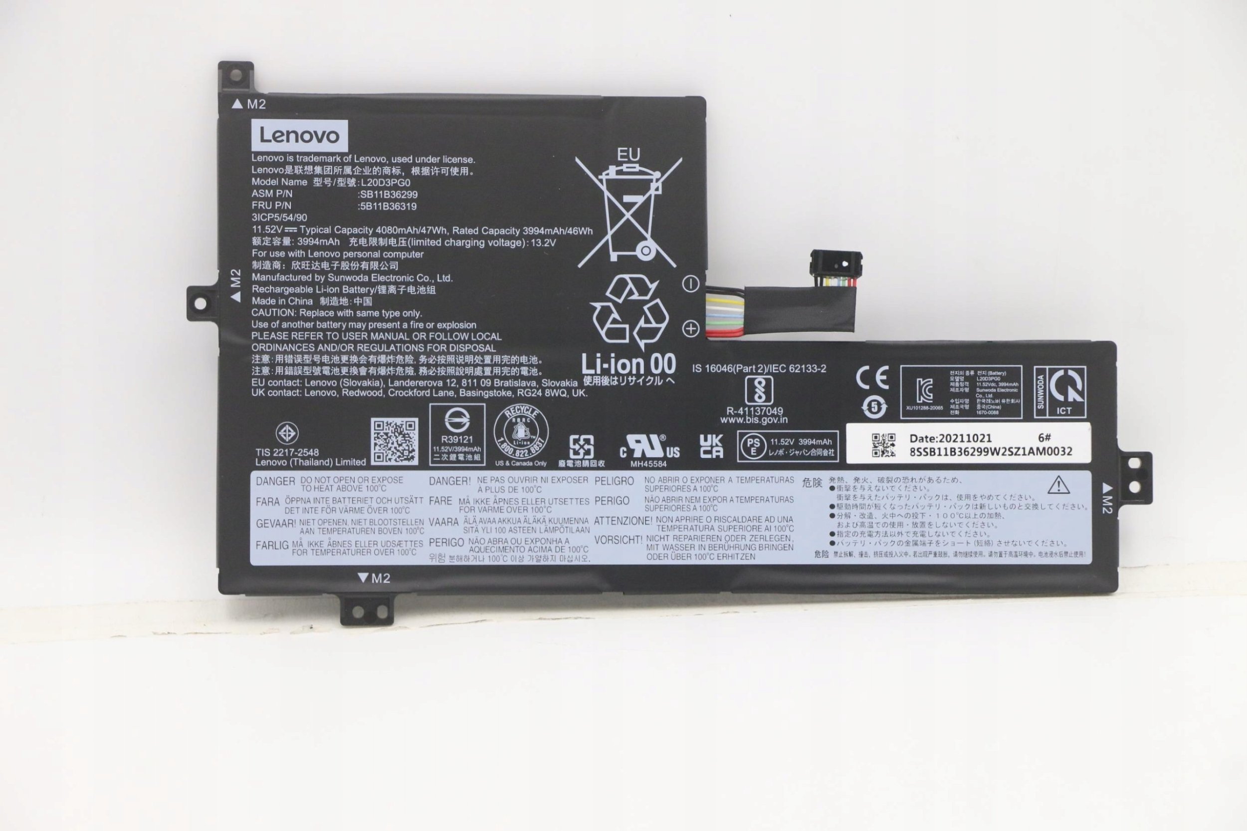 Bateri laptopi Lenovo L20D3PG0, 47Wh, Li ion, e zezë