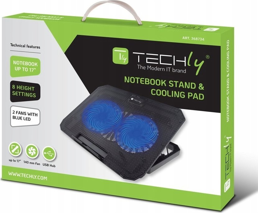 Stand ftohës për laptop Techly, deri 17", 2 ventilatorë, i zi