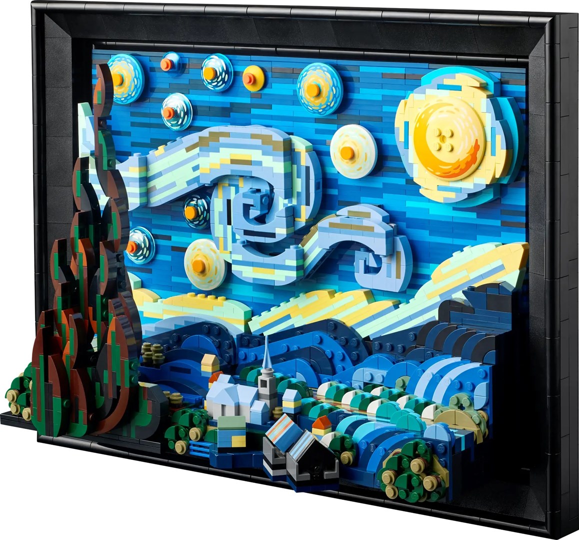Set LEGO Ideas The Starry Night 21333, dekor muror, minifigura Vincent van Gogh, shumëngjyrësh