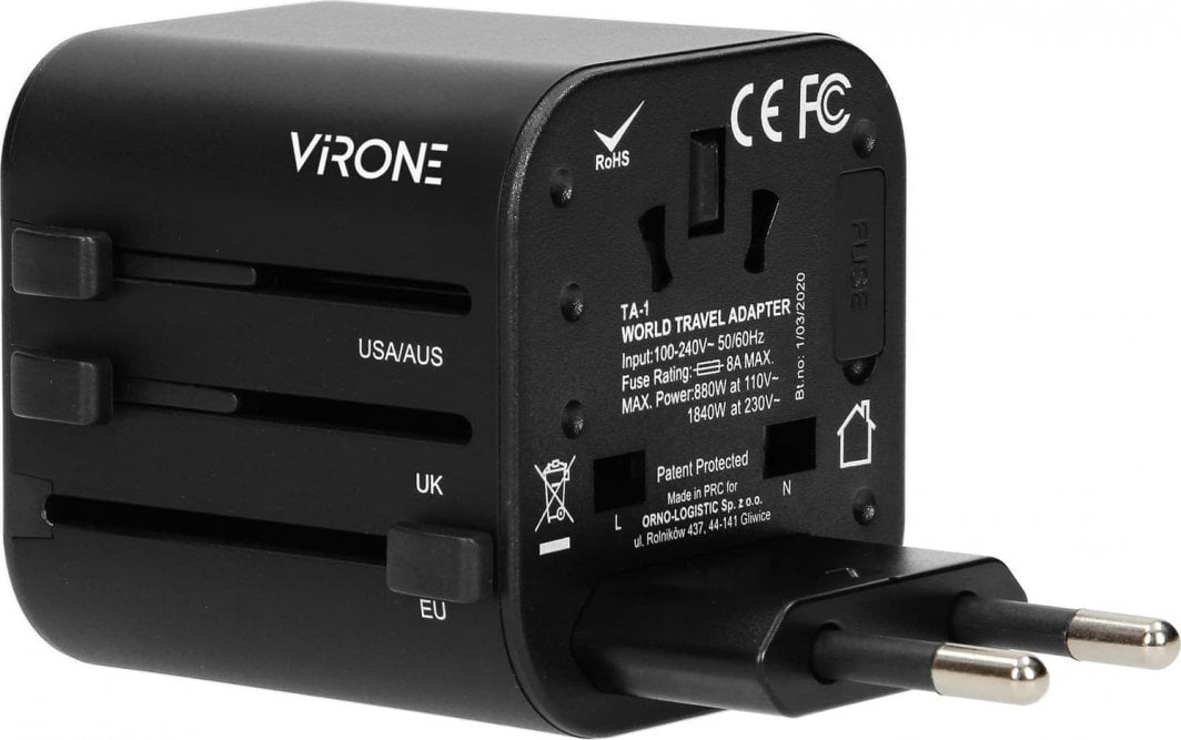 Adapter universal udhëtimi Orno GOworld TA-1, 100-240V, 8A, i zi