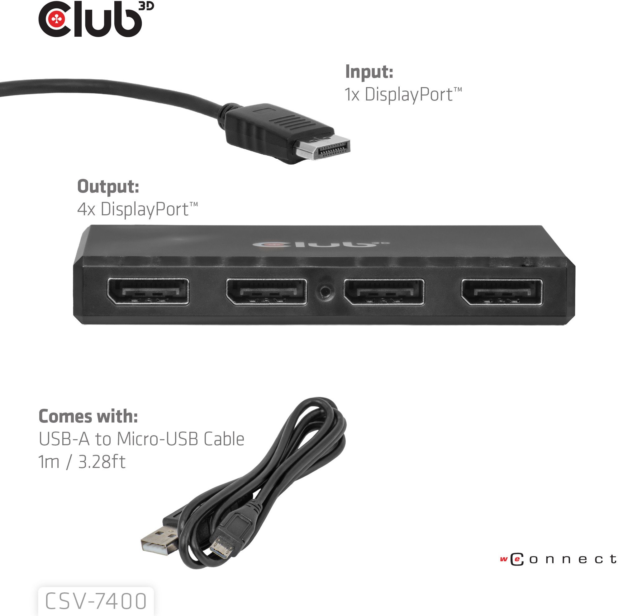 HUB Club 3D CSV-7400, DisplayPort në 4x DisplayPort MST, 4K 30Hz, i zi
