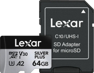 Kartë memorike Lexar Silver Plus, 64GB, MicroSDXC UHS-I V30, e zezë
