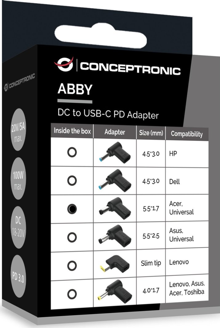 Adapter DC në USB C Conceptronic ABBY15PC03, 5.5x1.7mm, universal, i zi