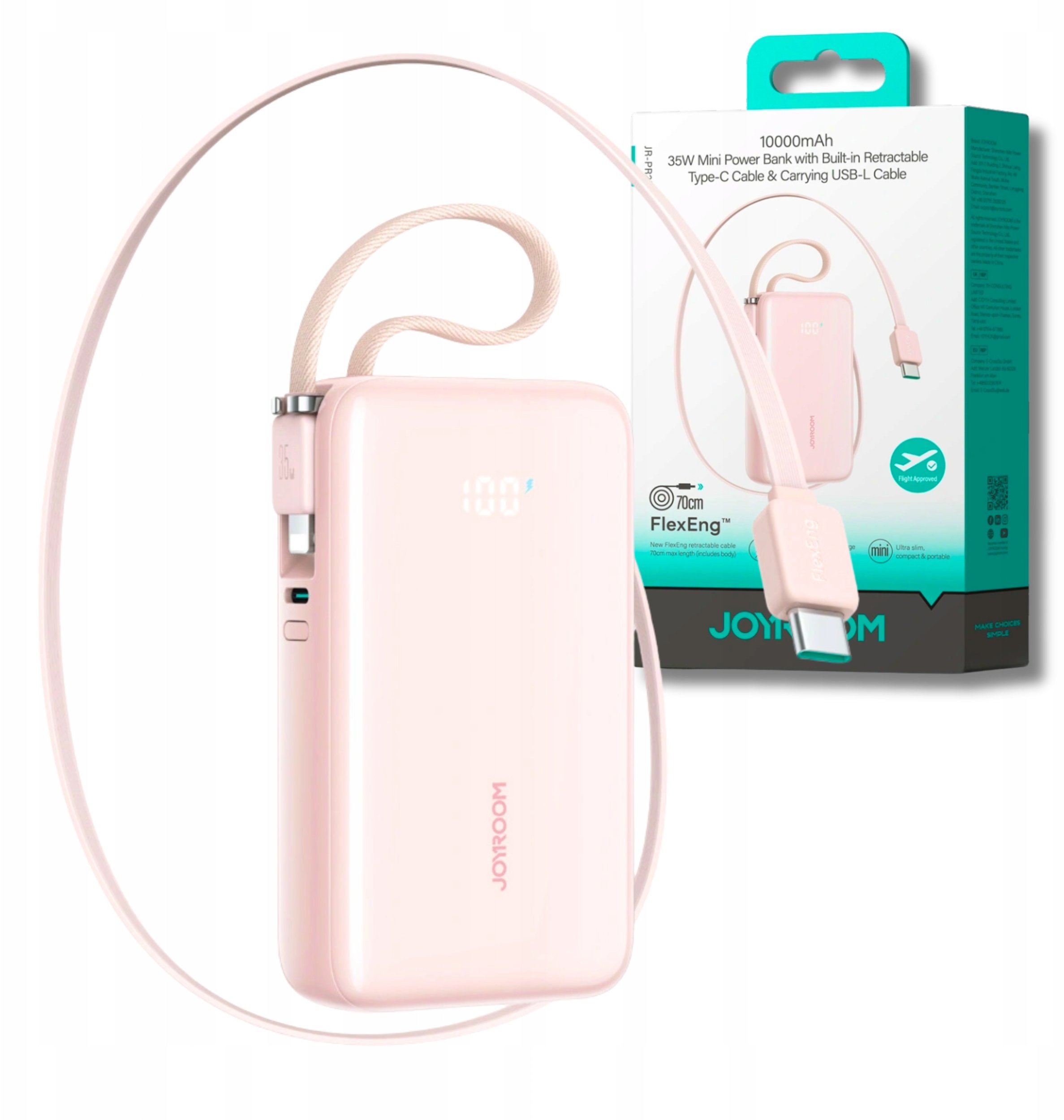 Power bank JOYROOM JR-PR2L, 10000mAh, 35W, me kabllo USB-C të integruar, rozë