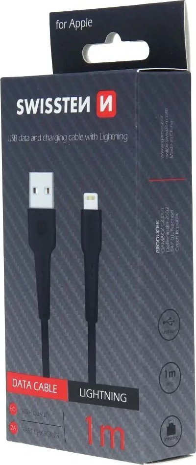 Kabllo Swissten Lightning, 1m, USB A, e zezë