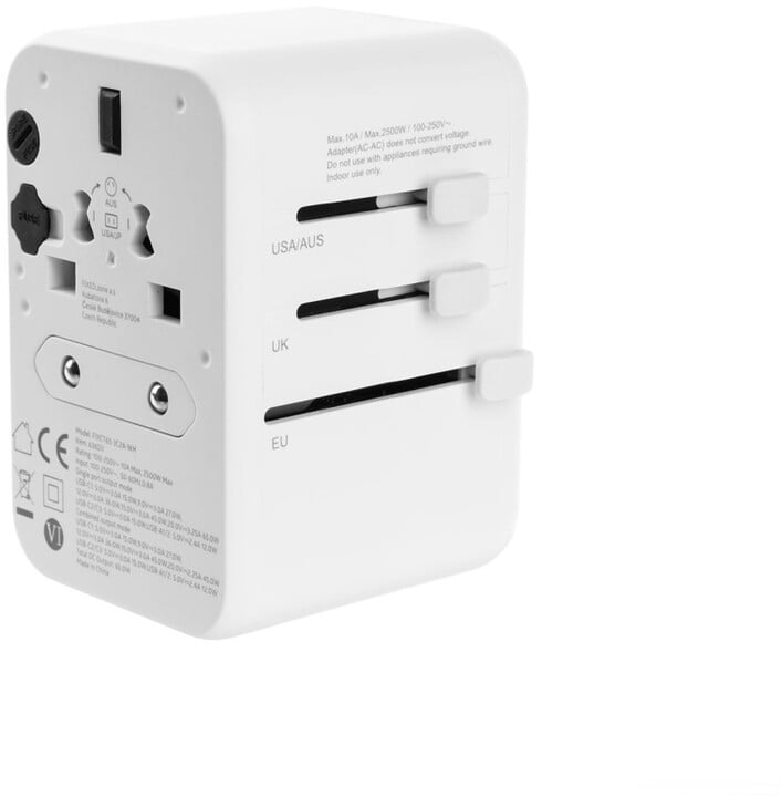 Përshtatës udhëtimi FIXED për EU, UK dhe USA/AUS, 3xUSB-C, 2xUSB-A, GaN, PD 65W, i bardhë