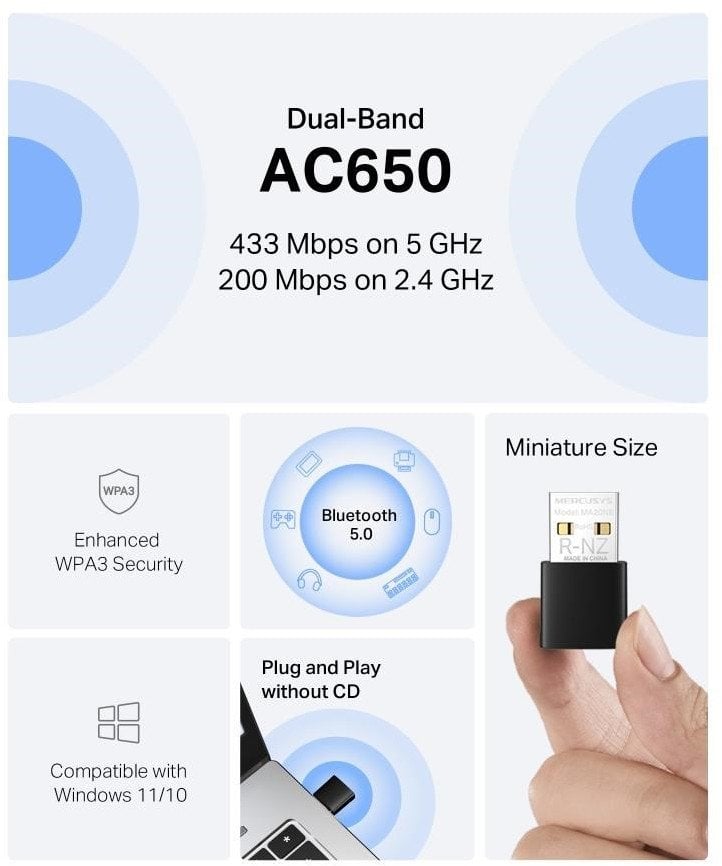 Adapter WiFi MERCUSYS MA20NB, AC650 Dual Band, Bluetooth 5.0, USB