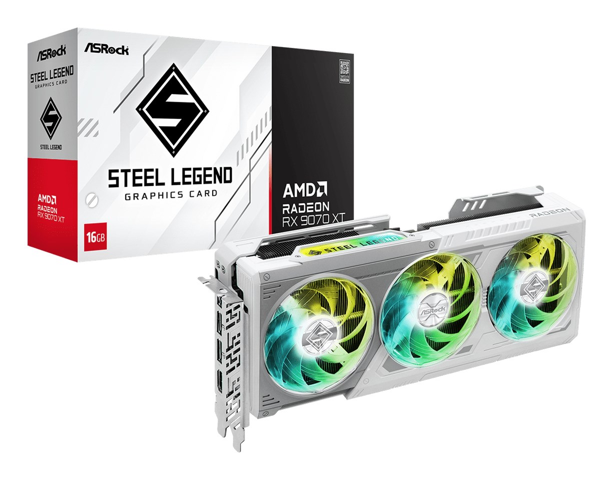 Kartë grafike ASRock Radeon RX 9070 XT Steel Legend, 16GB GDDR6, PCI Express, e bardhë