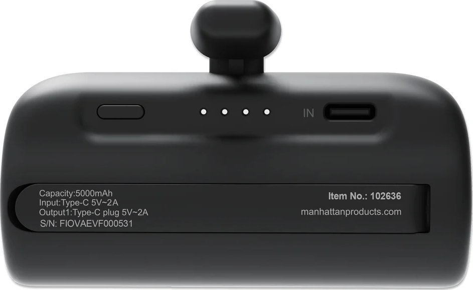 Power bank Manhattan, 5000 mAh, USB C me plug të integruar, me kickstand, i zi