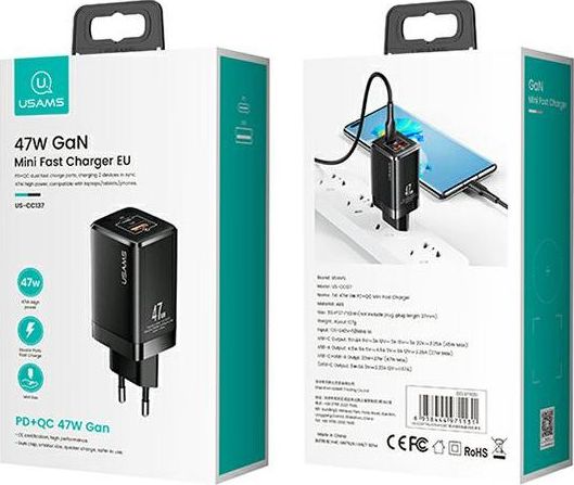 Karikues rrjeti Usams T41 GaN, 47W, 1x USB C 1x USB A, i bardhë