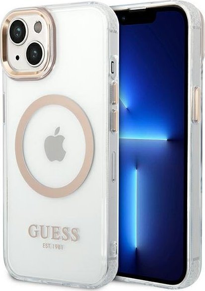 Futrollë për telefon Guess GUHMP14SHTRMD iPhone 14, 6.1", MagSafe, transparente me të artë