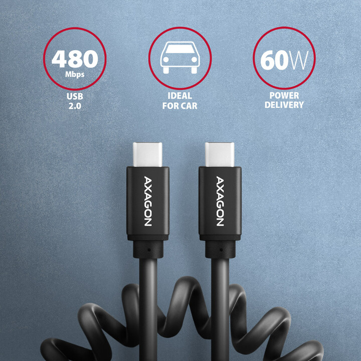 Kabllo AXAGON USB-C - USB-C TWISTER USB2.0, 3A, 0.6m, e zezë