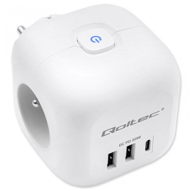 Zgjatues Qoltec Power Cube 6 in 1, 3x AC, 2x USB 1x USB C PD 20W, i bardhë