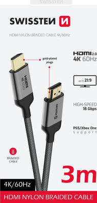 Kabllo HDMI Swissten, 3m, 4K 60Hz, e zezë