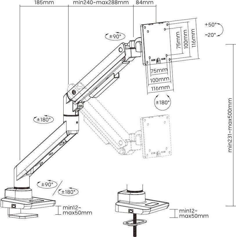 Krah monitori LevelOne Equip 650181, 17-49", 20kg, i bardhë
