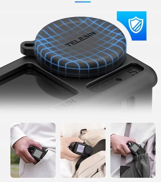 Set aksesorësh Telesin 2.0 për DJI Osmo Action 3, kuti silikoni, kapak lenteje silikoni, me litar bartës, gri