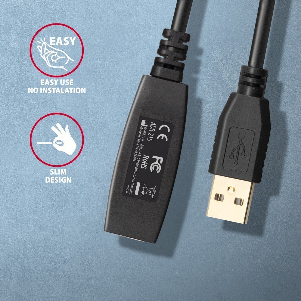 Kabllo zgjatëse USB Axagon ADR-215, USB A në USB A, 15 m, e zezë