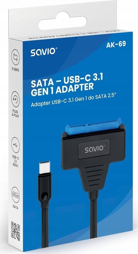 Adapter për disk 2.5" Savio AK-69, USB C 3.1 Gen 1, SATA, i zi