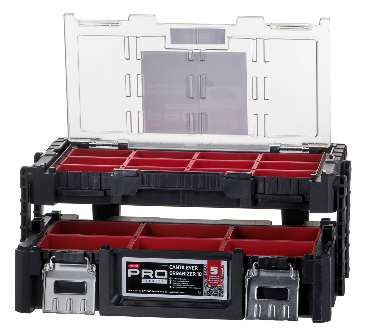 Kuti veglash Keter Tool Box 237006, 18 ndarje, kapak transparent, gri