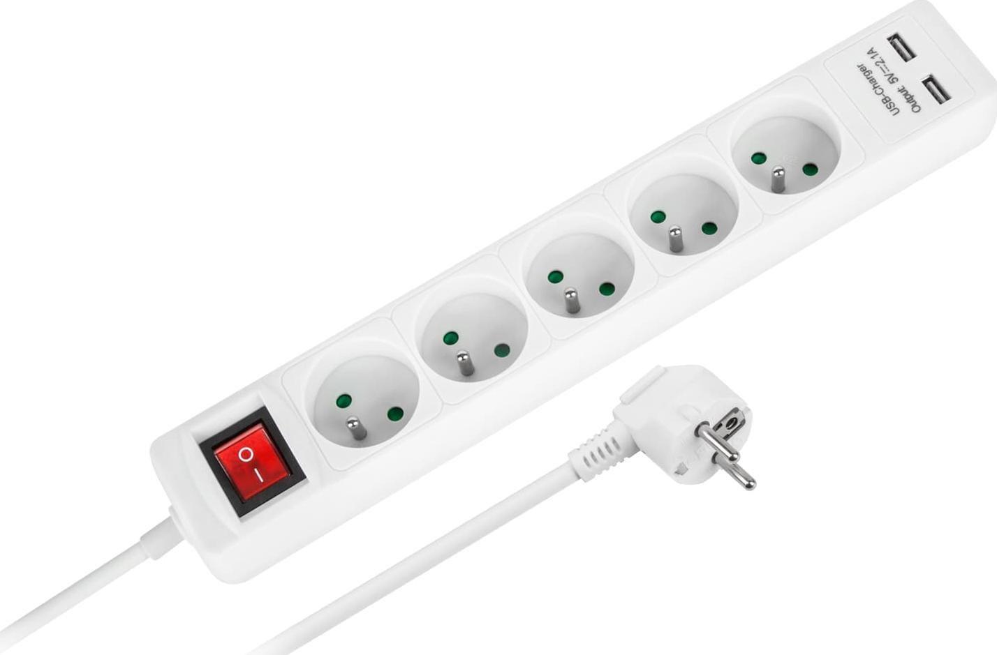Prizë zgjatuese Rebel Electro URZ3203-3, 5 dalje, 2x USB 2.1A, 3 m, e bardhë
