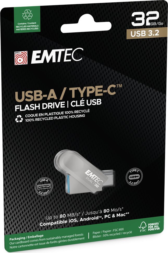 USB flash Emtec D280 Dual, 32GB, USB 3.2, USB C, i zi