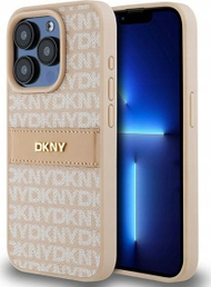 Маска за телефон DKNY PU Leather Repeat Pattern Tonal Stripe, за iPhone 15 Pro, розова