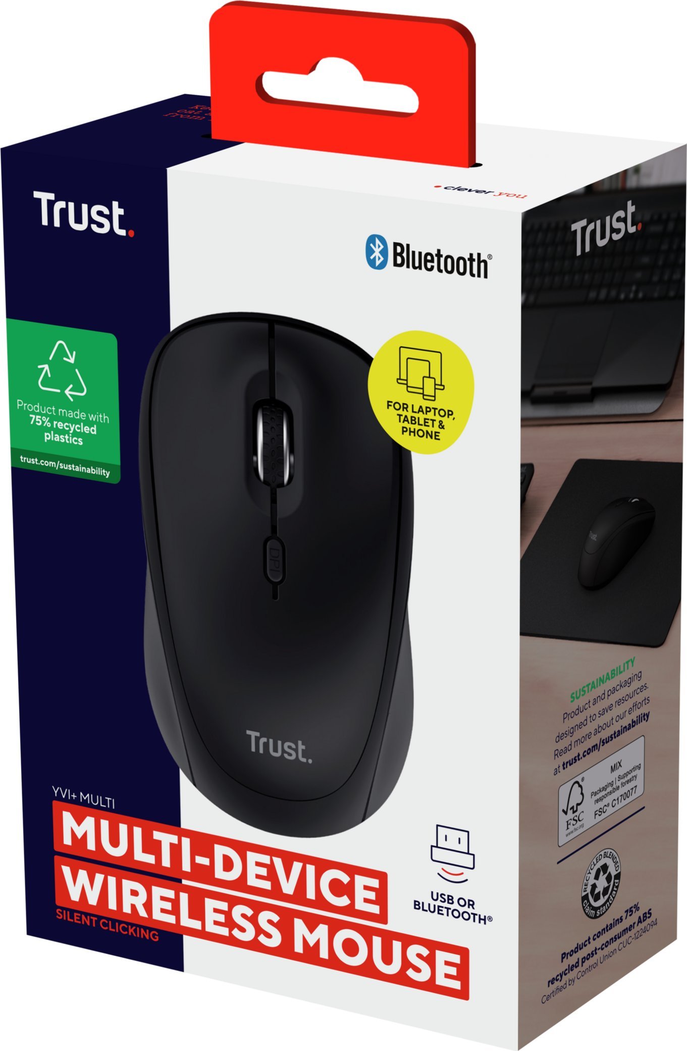 Maus Trust Yvi+, wireless RF dhe Bluetooth, 1600 DPI, i zi