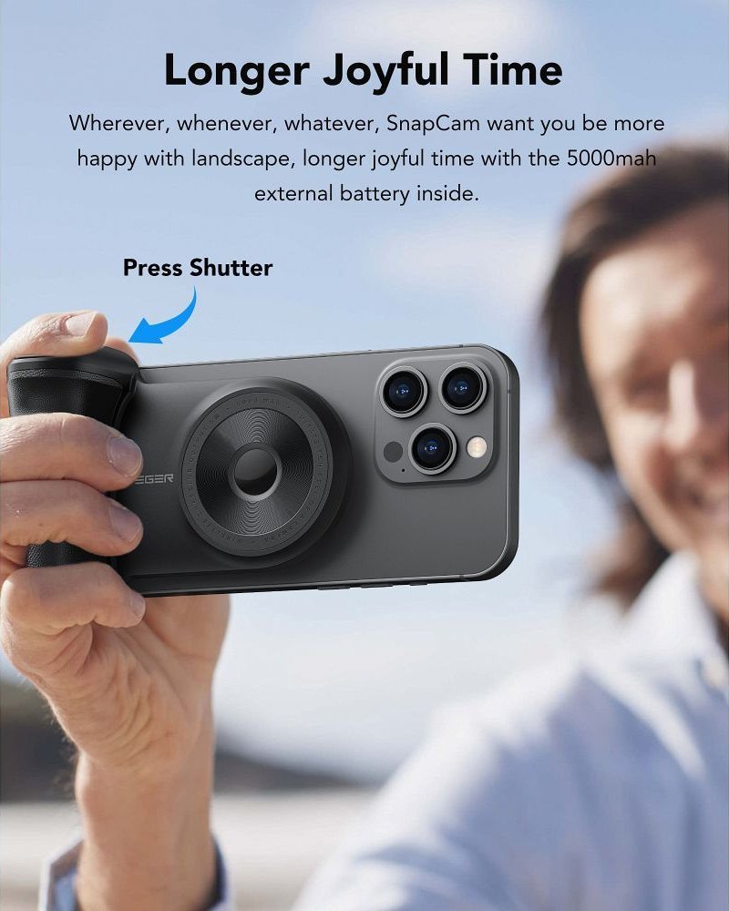 Power bank Veger SnapCam, 5000mAh, 5W, MagSafe, me telekomandë Bluetooth, i zi