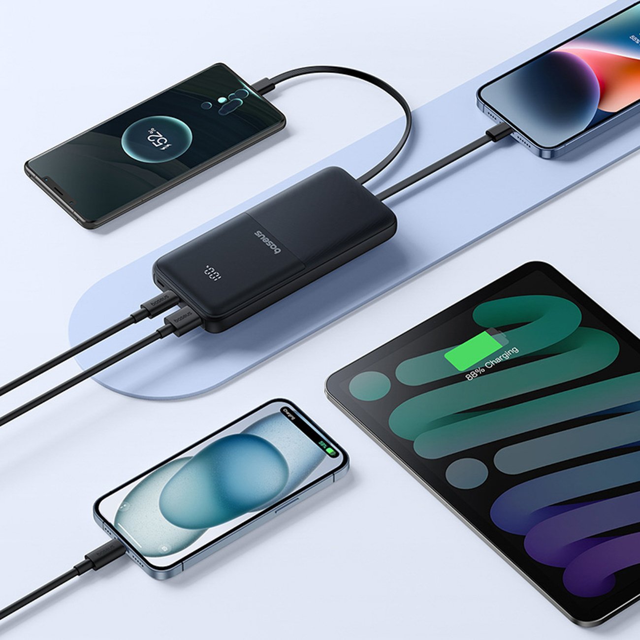 Powerbank Baseus Lipow, 10000mAh, 22.5W, me dy kabllo të integruara, me ekran, i zi