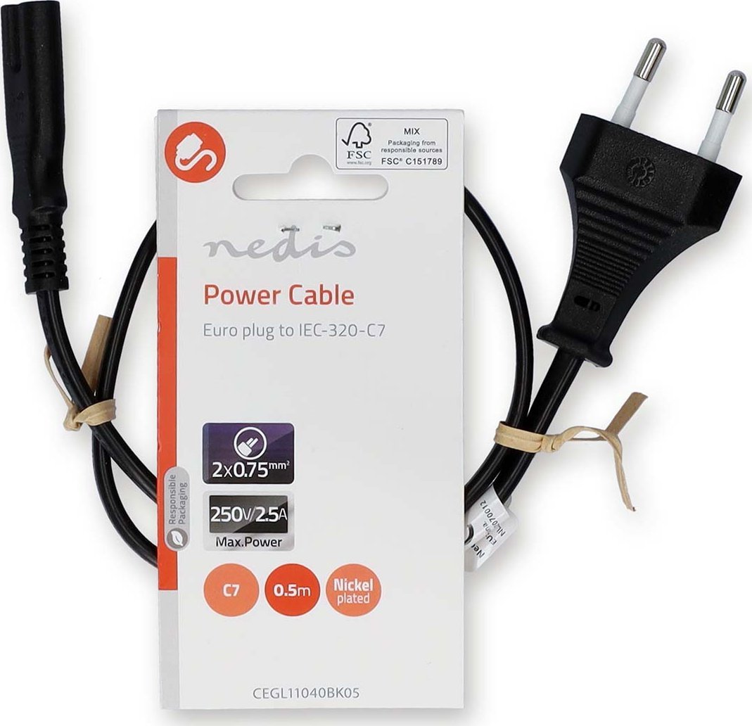 Кабел за струја Nedis CEGL11040BK05, C7, 0.5 m, црн