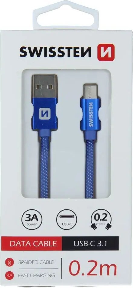 Kabllo USB në USB C Swissten Textile, 0.2m, 3A, e zezë