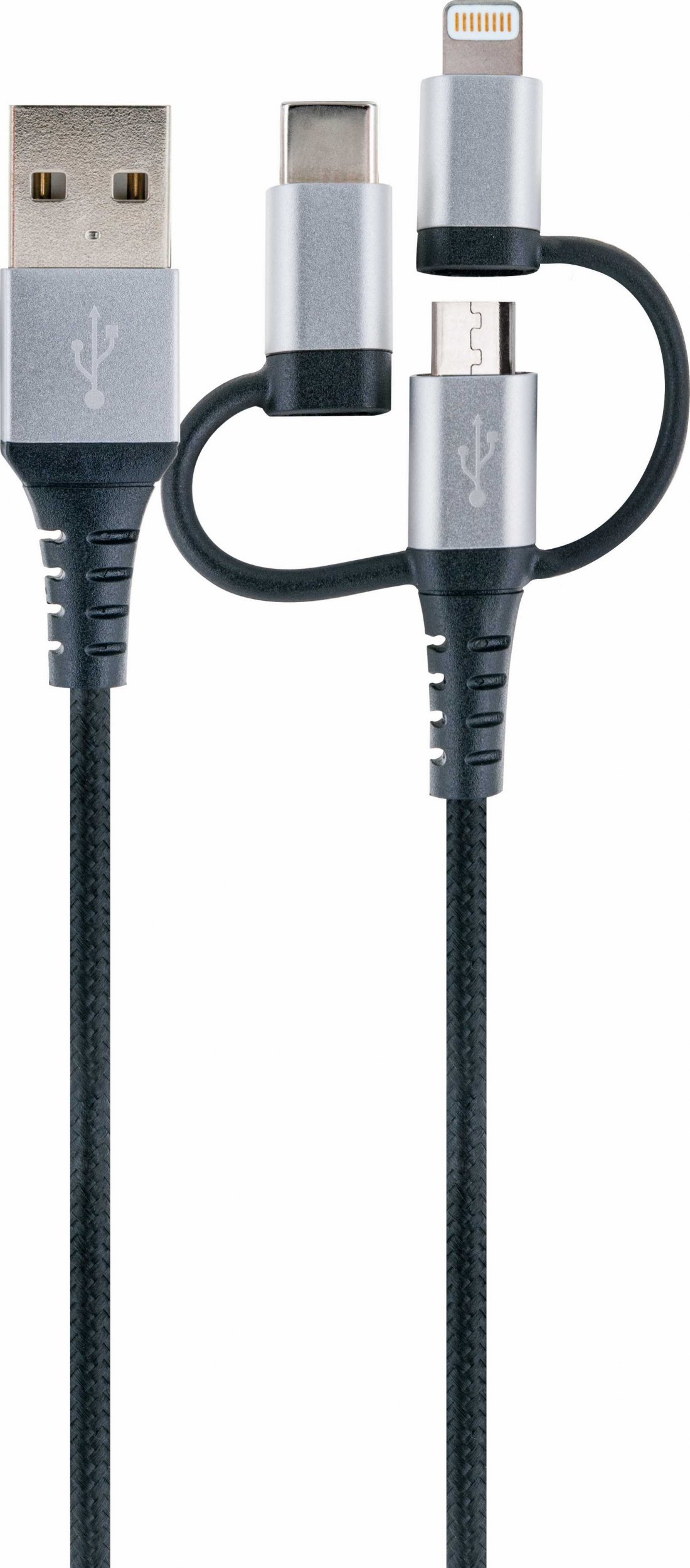 Kabllo USB Schwaiger LKU100533, USB A në USB C microUSB Lightning, 1.5m, i zi