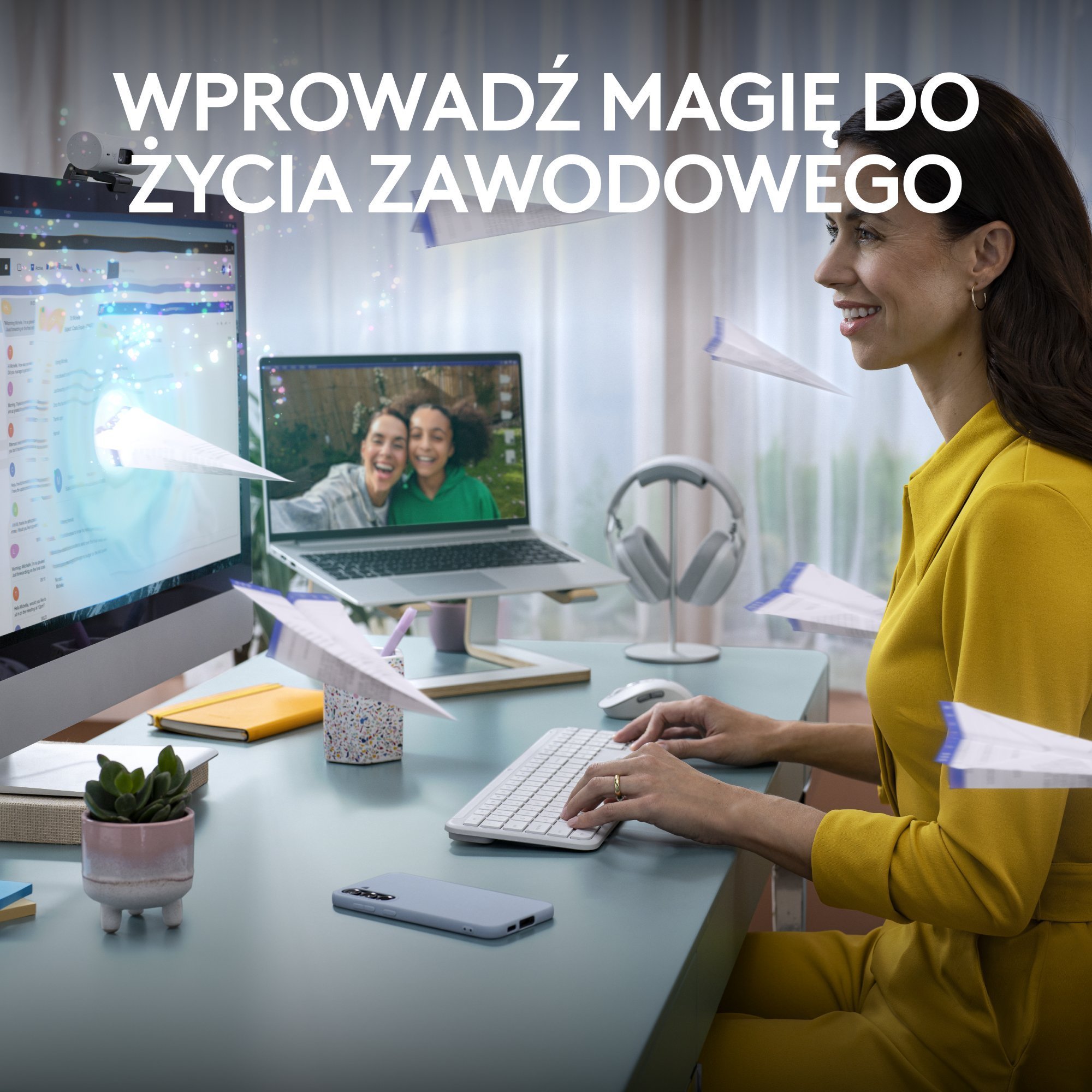 Set tastierë dhe maus me kamerë web Logitech Signature Slim MK950 me Brio 100, pa kabllo, Full HD 1080p, e bardhë