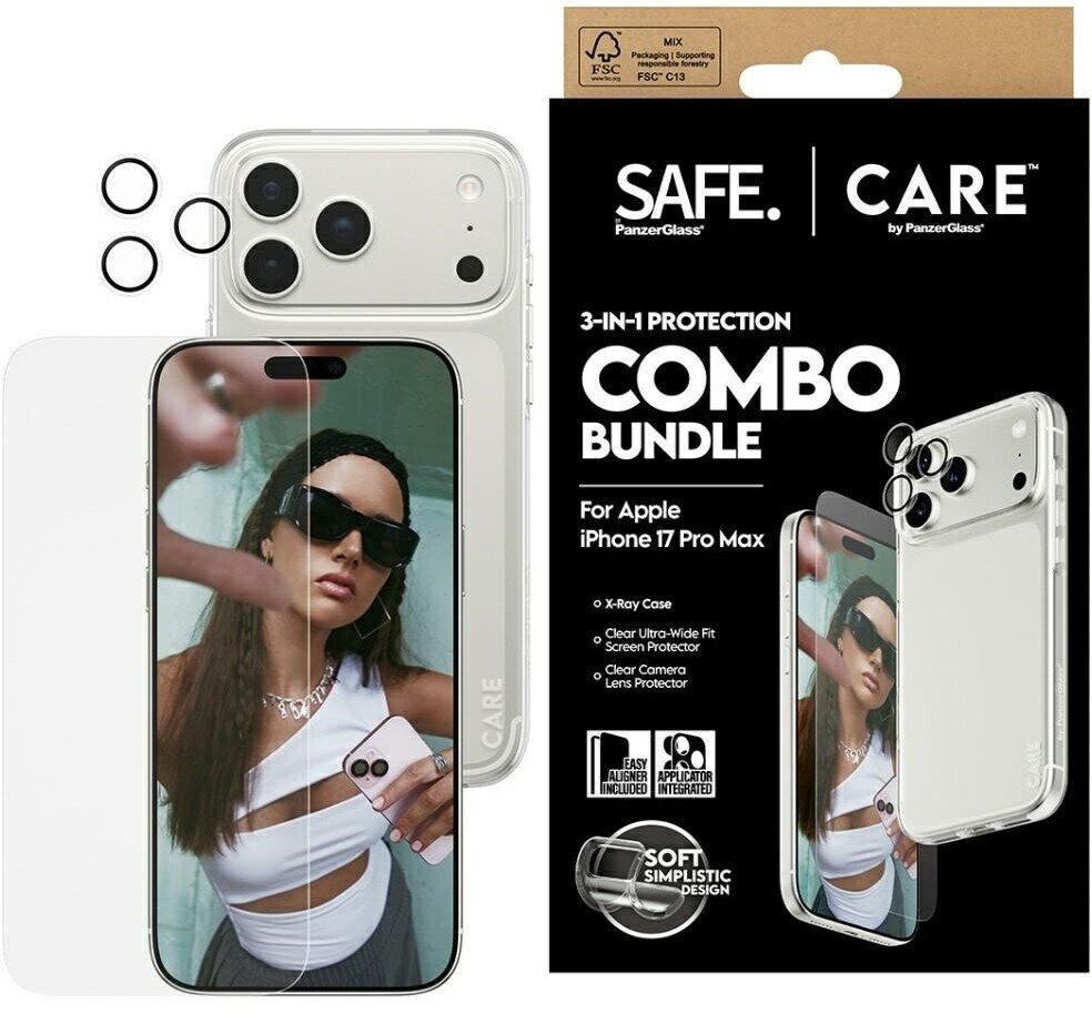 Set mbrojtës PanzerGlass SAFE CARE 3 in 1, për iPhone 17 Pro Max, xham mbrojtës transparent