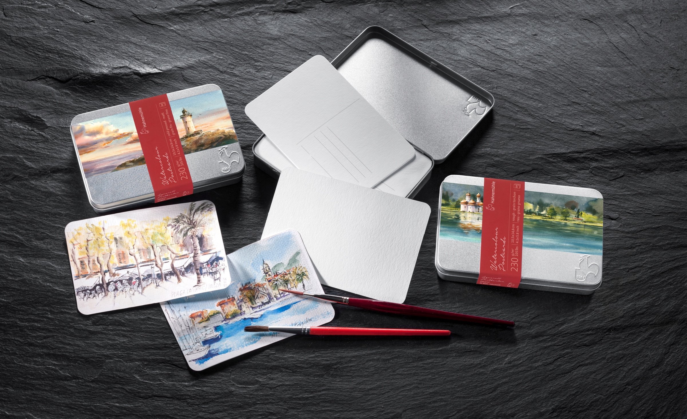 Set kartolina akuareli Hahnemühle Watercolor Postcard Tin, 4.1" x 5.8", 30 fletë, cold pressed, e bardhë