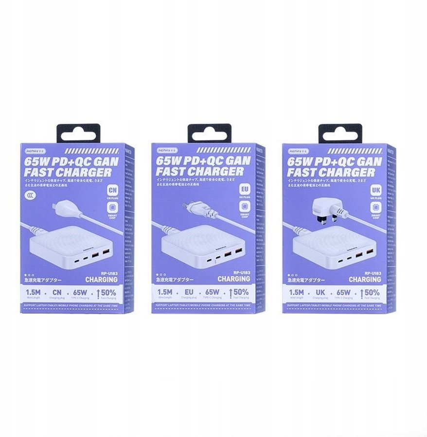 Karikues udhëtimi Remax DONGFENG RP-U183, 65W GaN PD QC, 2xUSB-C 2xUSB, i bardhë