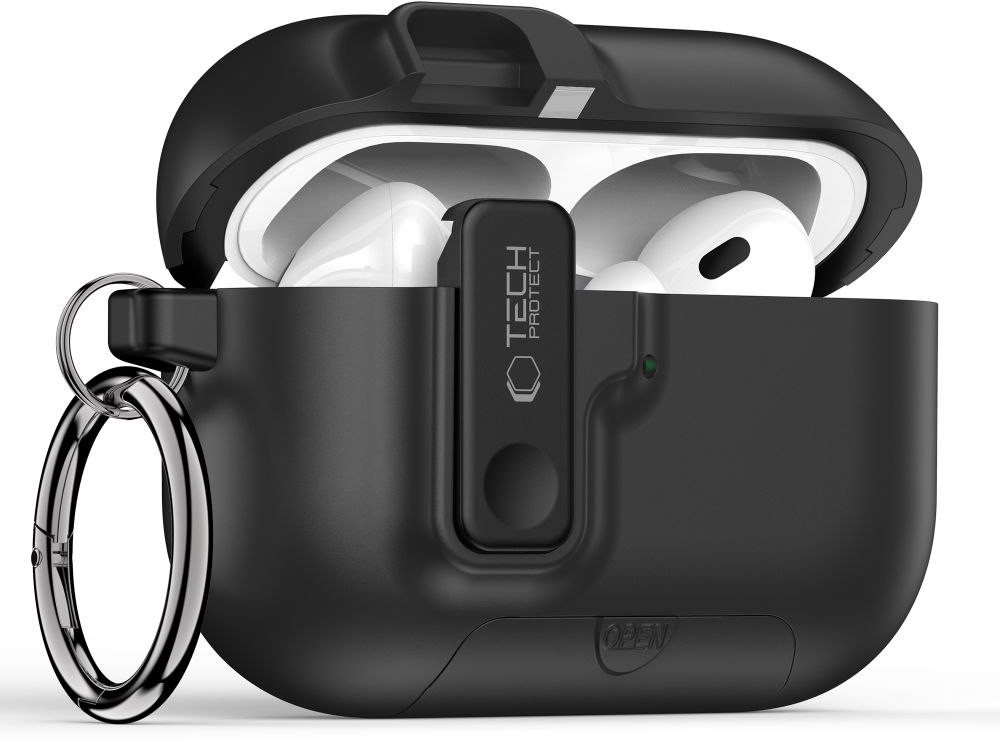 Kuti mbrojtëse Tech-Protect Slim Hook për Apple AirPods Pro 3, polikarbonat, me karabinë, e zezë