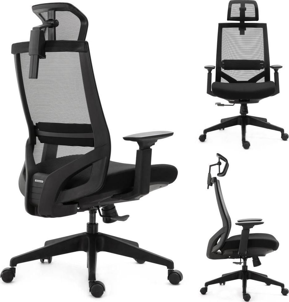 Karrige zyre ergonomike Ertusolid Nario 150, mbështetje mesi, mbështetëse koke, e zezë
