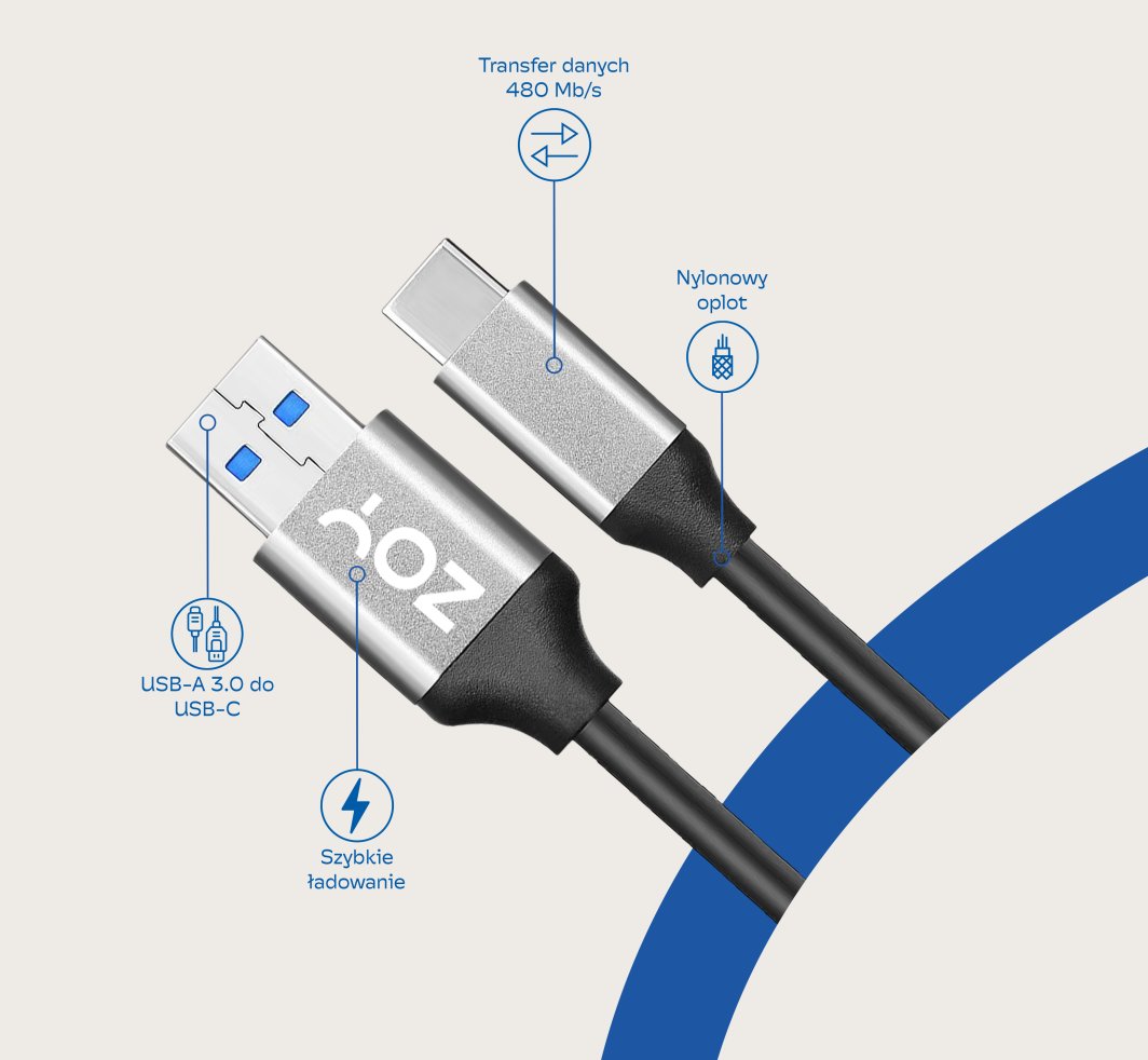 Kabllo ZOY USB-A - USB-C, 1m, e zezë / argjendtë