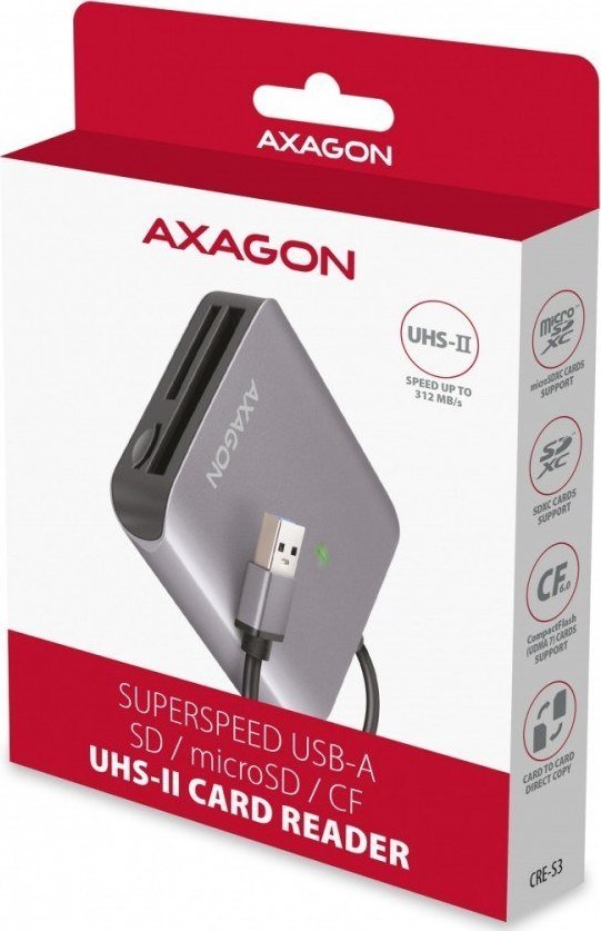 Lexues kartash Axagon CRE-S3, USB-A 3.2 Gen 1, 3 slote SD microSD CF, gri