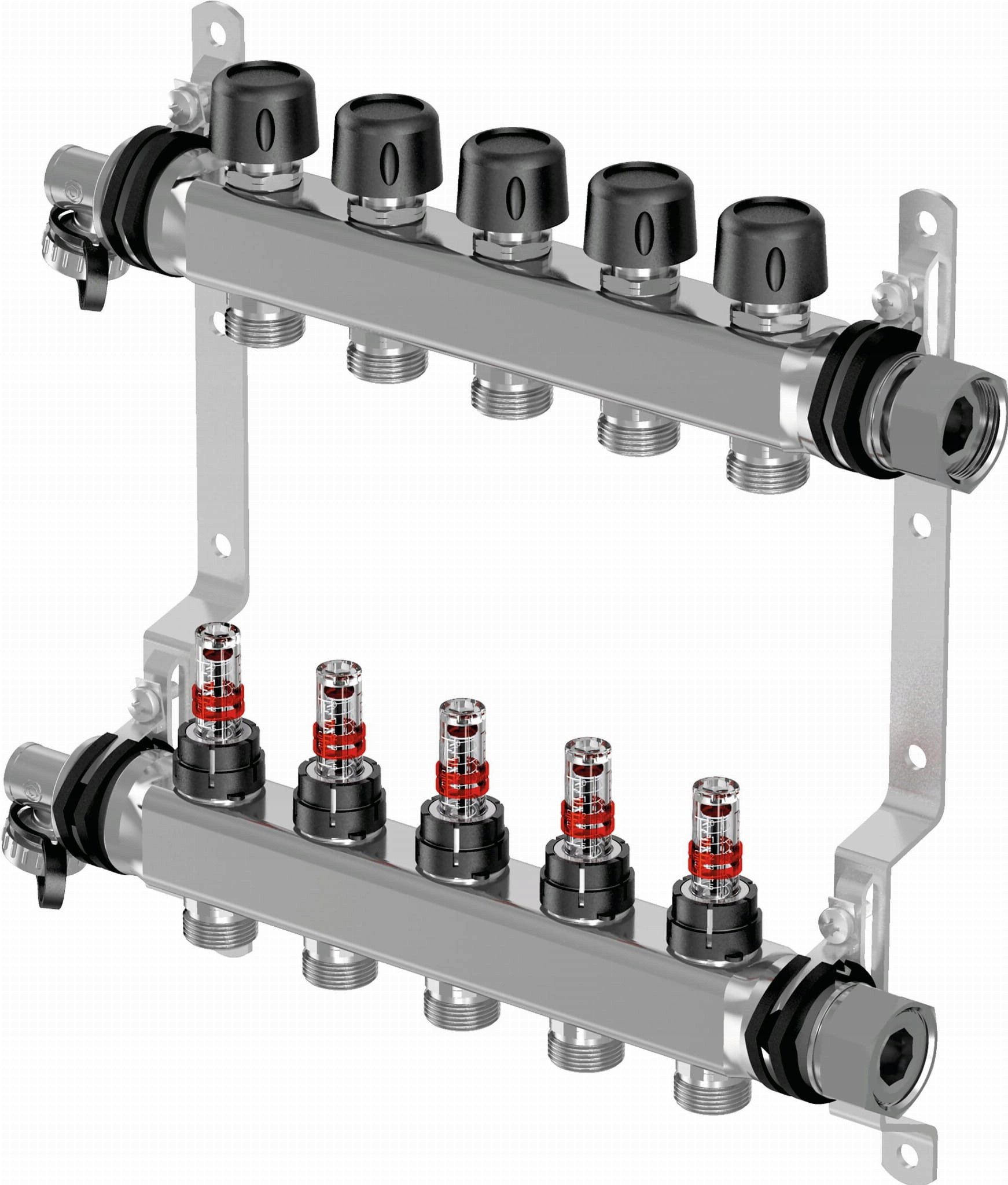 Manifold ngrohje nën dysheme Uponor Vario S, me matës rrjedhjeje FM, 6 qarqe, çelik inox