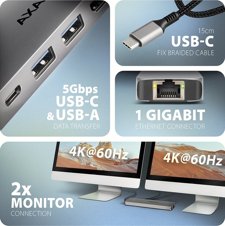USB hub AXAGON HMC-7HX2, 2x USB-A, 2x HDMI 4K, Power Delivery 100 W, argjendtë