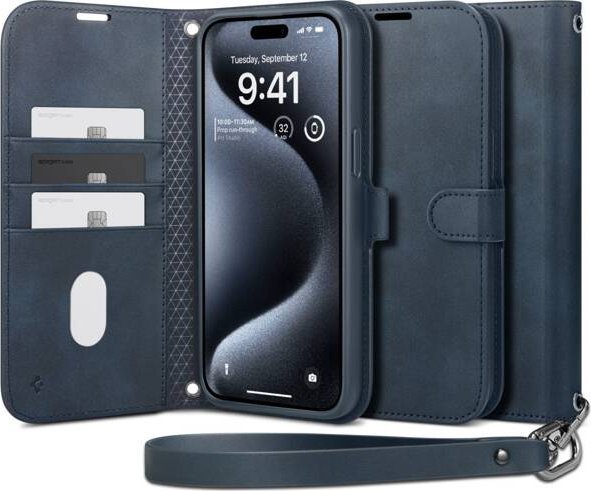 Kapotë portofol Spigen Wallet S Pro, për iPhone 15 Pro Max, lëkurë artificiale, blu navy