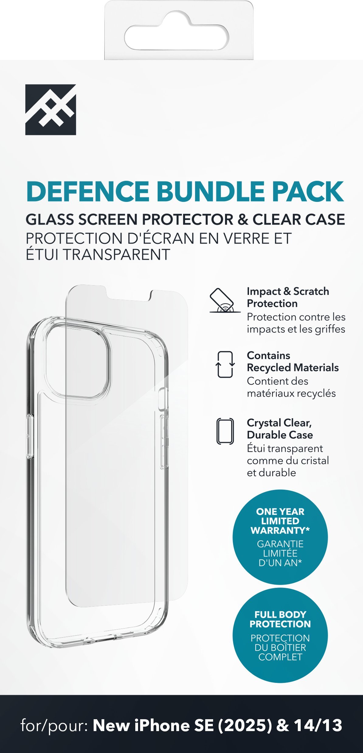 Set mbrojtës ZAGG Defence, kuti dhe xham për iPhone 16e 14 13, transparent