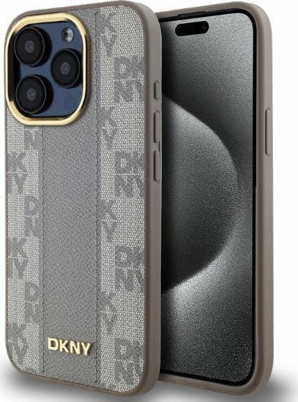 Mbulesë telefon DKNY PU Leather MagSafe për iPhone 15 Pro, dizajn me kuadrate, ngjyrë bezhë